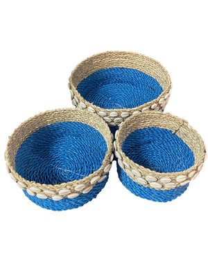 Blue Seagrass Puka Shell Baskets - Set of 3