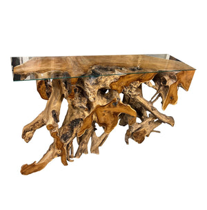 Natural Teak Root Console w/ Glass