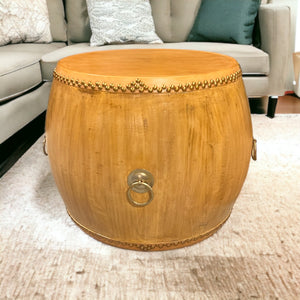 Leather Top Wooden Drum Table Natural