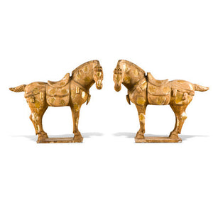 Pair of Hand Carved Tang Horses with Gold Leaf