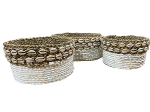 White Seagrass Puka Shell Baskets - Set of 3